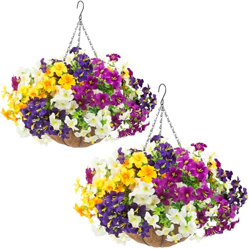 2 Set Artificial Outdoor Flowers with Hanging Baskets,24 Pcs UV Resistant Faux Petunias Flowers with Hanging Planter for Front Door Porch Spring Outside Decor (2, White,Yellow,Purple,RedViolet) - color: White,yellow,purple,redviolet