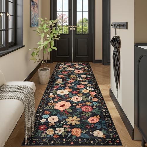 DUKINO 3x10 Runner Rug for Hallway, Washable Kitchen Floral Runner Rug with Non Slip Backing, Low Pile Soft Boho Carpet for Kitchen, Hallway, Entryway, Laundry, Bedroom, Black - color: Black, size: 3' x 10' (Rectangular)