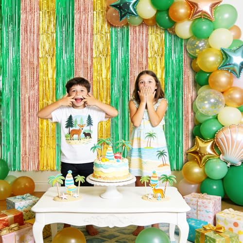 TONIFUL Hawaiian Luau Summer Party Metallic Tinsel Streamer Decorations | 2 Packs 3.3 x 6.6 ft Tropical Luau Foil Fringe Curtains Backdrop for Boho Wedding Pineapple Summer Beach Birthday Party Decor - color: Green Rose Gold