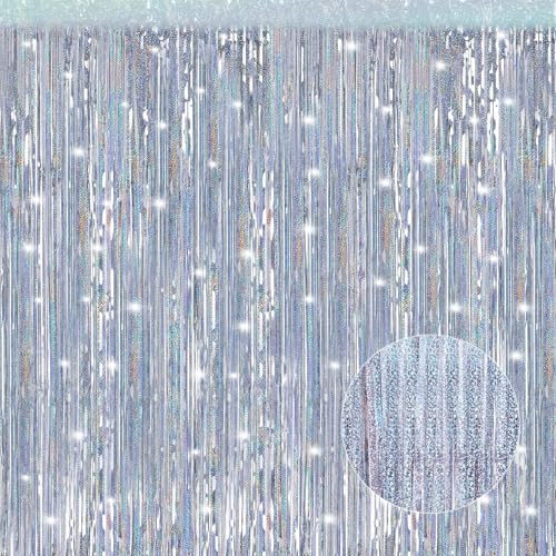 Crosize 2 Pack 3.3 x 9.9 ft Laser Silver Foil Fringe Curtains Party Decorations,Tinsel Curtain Backdrop for Parties, Door Streamers, Glitter Streamer Backdrop for Birthday Decoration - color: Laser Silver, size: 2 Pack
