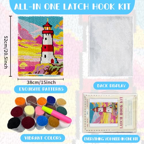 ORIGACH Lighthouse Latch Hook Rug Kit for Adults Printed Rug Making Kit Handmade Carpet Tapestry Cover with Hook Latch and Preprinted Canvas, Home Arts Crafts Sofa Decor, 20.5x15inch - style: Lighthouse