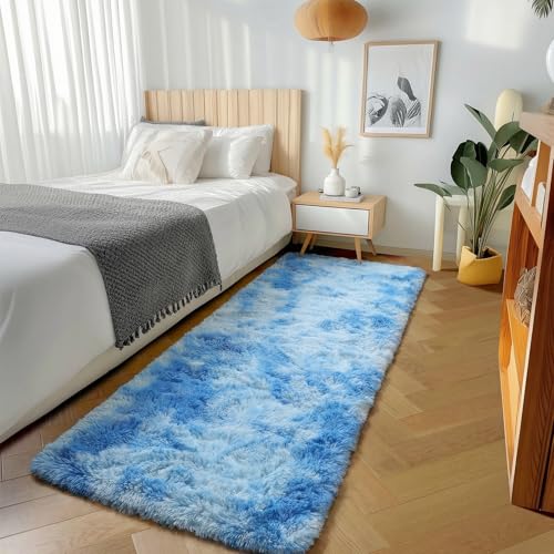 ONASAR Runner Rugs for Bedroom Living Room, Fluffy Tie-Dyed Blue 2x6 Bedside Hallway Area Rug, Ultra Soft Plush Furry Faux Fur Non Slip Floor Carpet for Nursery Kids Dorm Closet Home Decor - color: Sky Blue, size: 2' x 6' (Runner)