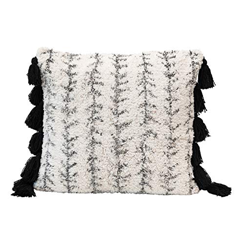 Creative Co-Op Cotton Printed Tufted Tassels, Black & Cream Color Pillow