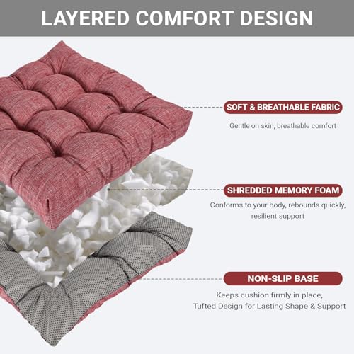 Large Square Floor Cushion Set of 2, 22 x 22 Inch with Non-Slip Bottom, Memory Foam Floor Pillow for Sitting, Meditation & Yoga, Soft Supportive Floor Seating Cushion for Adults & Kids (2, Red) - color: Red