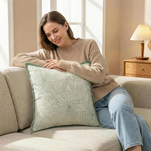 Floral Spring Throw Pillow Covers 20x20 Set of 2 Chenille Velvet Decorative Pillows for Bed Couch Living Room William Morris Farmhouse Cushion Covers Sage Green and White - color: Floral Green, size: 20" x 20" (Pack of 2)
