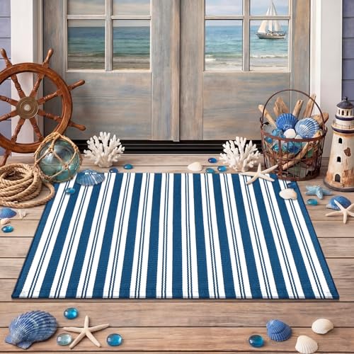 Moucuny Navy Blue and White Striped Outdoor Rug, 2' x 3' Nautical Beach Front Porch Rug Navigation Welcome Layering Doormat for Entryway Entrance Patio Decor - color: Steel Blue and White, size: 2' X 3', style: Vertical Stripe