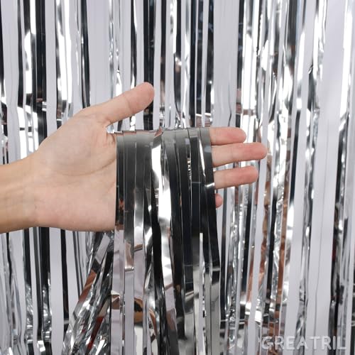 Silver Streamers Metallic Party Backdrop - GREATRIL Foil Fringe Tinsel Curtain for 2026 NYE/Birthdays/Prom/New Years/Graduations/Photo Booth, 8.2ft x 3.2ft - Pack of 2 - color: Pure Silver