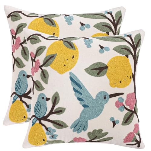 Lemon Pillow Covers 18x18 Pack of 2 Blue Birds with Green Leaves Embroidered Throw Pillow Covers Floral Pillowcases Boho Pillow Cushion Cases Flower Pillow Case Summer Decor - color: Birds&lemons