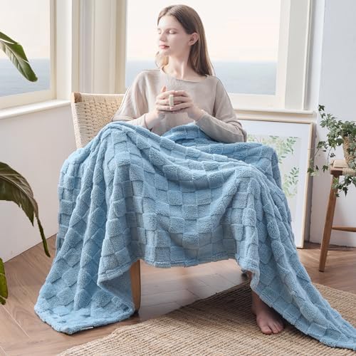 NEWCOSPLAY Super Soft Queen Blanket Blue Premium Silky Flannel Fleece 3D Checkered Lightweight Bed Blanket All Season Use (Blue Checkered, Queen(90"x90")) - color: Blue Checkered, size: Queen(90"x90")