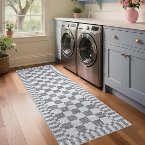 GarveeHome 2×6 Kitchen Runner Rug Non Slip,Grey Checkered Rug, Washable Runner Rug for Hallway Soft Low-Pile Geometric Modern Rugs for Entryway - color: Grey, size: 2' x 6' (Rectangular)