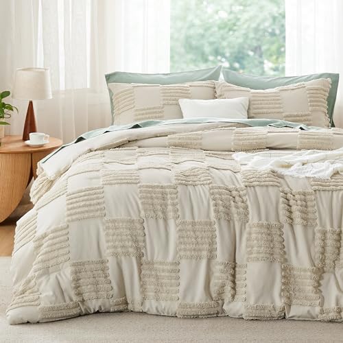 Bedsure Full Size Comforter Set Linen, Boho Tufted Bed Set, Grande Checkered Farmhouse-Style Distressed Vintage Bedding, 3 Pieces, 1 Plaid Geometric Comforter and 2 Pillow Shams - color: 07 - Linen - Large Checkboard, size: Full