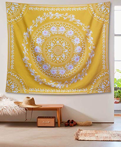 Lifeel Yellow Bohemian Tapestry Wall Hanging, Mandala Floral Medallion Hippie Tapestry with White Aesthetic Wreath Design, Gold Wall Decor Blanket for Bedroom Home Dorm,Small 50×60 inches - color: Yellow, size: 60"L x 50"W