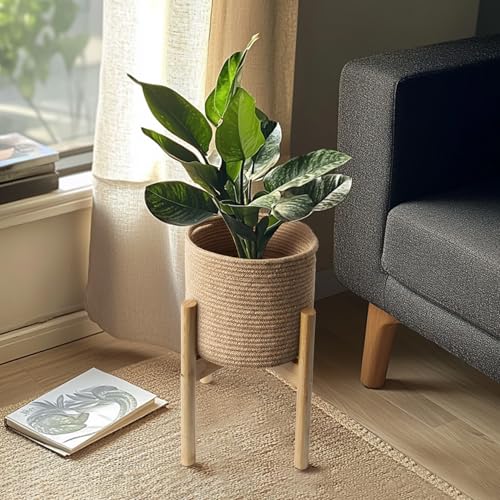 Plant Basket with Stand, Indoor Round Wicker Basket Plant with Bamboo Wood Stand, Decorative Woven Rope Flower Indoor Planter with Legs, Boho Bamboo Wood Planter Holder (Jute) - color: Jute