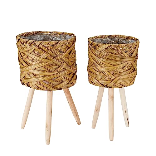 Set of 2 Woven Planter Baskets with Plastic Lining and 3 Wooden Legs, Flowers, Toys Rustic Farmhouse (Thick Weave)