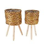 Set of 2 Woven Planter Baskets with Plastic Lining and 3 Wooden Legs, Flowers, Toys Rustic Farmhouse (Thick Weave)
