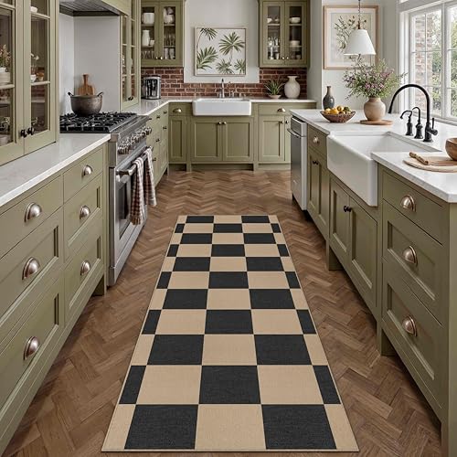 PureCozy 2x8 Checkered Easy Jute Runner Rug Kitchen Rug Non Slip Washable Outdoor Runner for Entryway Indoor, Checkerboard Black Indoor Outdoor Carpet for Hallway Porch - color: Black|checkerboard-2, size: 2' x 8' (Runner)