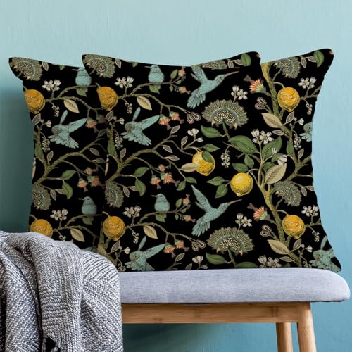 Chinoiserie Pillow Covers 18x18 Set of 2 Black Birds Lemon Throw Pillow Covers Outdoor Decoration Spring Summer Pillowcase Farmhouse Decorative Cushion Case for Home Couch Sofa - color: Black Blue Lemon Birds, size: 18" x 18" (Pack of 2)