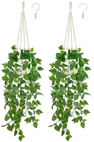 Mkono 2 Packs Fake Hanging Plant with Pot, Artificial Plants Macrame Plant Hanger Fake Vine Greenery for Bedroom Bathroom Home Office Decor - color: Ivory