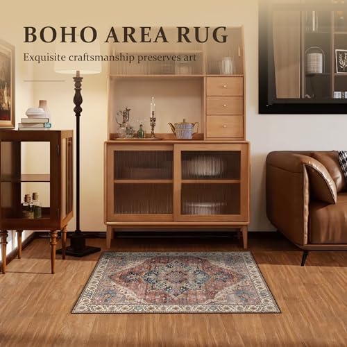 Boho Tribal Area Rug 2x3 Small Entranway Rug Bathroom Doormat Indoor Carpet Farmhouse RugFaux Wool Non-Slip Washable Low-Pile Floor Carpet for Indoor Front Entrance Kitchen Bathroom, Brickred - color: Brickred & Multi, size: 2' x 3' (Rectangular)