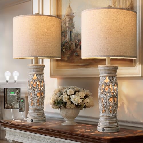 BOBOMOMO 27.25” Rustic Farmhouse Table Lamps Set of 2 – Vintage Bedside Lamps with Night Light & USB A+C Ports, Retro Lamps for Bedroom, Living Room, Entryway, Cozy Corner (Bulbs Included) - color: Distressed Light Wood