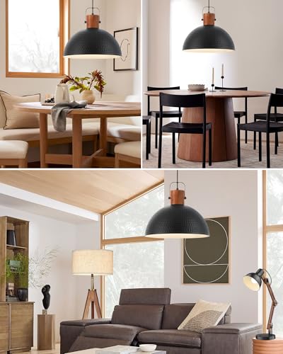 ELYONA 16 Inch Ash Wood Hammered Pendant Light Fixtures, Large Metal Dome Ceiling Hanging Lamp, Industrial Chandelier for Kitchen Island, Bar, Farmhouse, Dining Table, Hallway, Modern Black - color: Black - 1 Pack