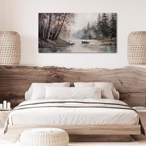 HGUAOA Mountain Canvas Wall Art Rustic Lake Landscape - Nature & Forest Scenery Paintings Pictures for Living Room & Bedroom Wall Decor Vintage Artwork for Walls - color: Rustic, size: 40"L x 20"W