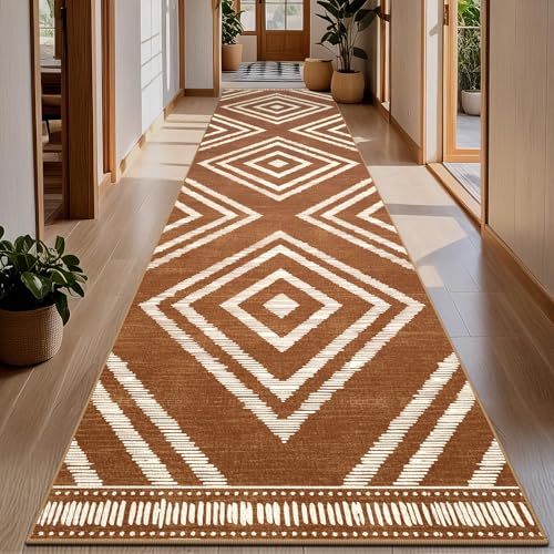 Boho Hallway Runner Rugs 2.6x14ft Non Slip, Long Brown Washable Entryway Rug Runners Non Shedding, Geometric Kitchen Floor Carpets for Doorway Entrance Farmhouse Living Room Home Decor - color: Brown, size: 2'8" x 14' (Rectangular)