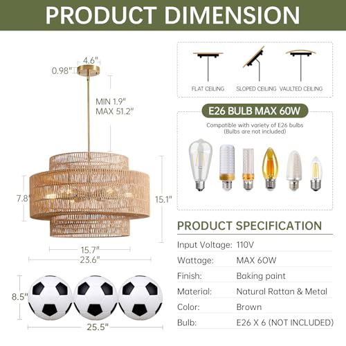 24” Boho Large Rattan Chandelier Light Fixture,6-Light Large Hand Woven Pendant Light Fixture Farmhouse Rustic Chandeliers for Kitchen Bedroom, Dining Room, Living Room, Hallway, Foyer - color: Brown, size: 24" 6-Light