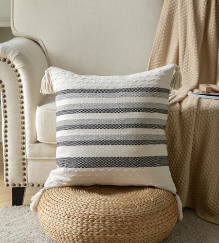 Caflife Boho Throw Pillow Covers 20x20 Decorative Pillows for Bed, Neutral Pillows Cover with Tassels for Modern Farmhouse Couch Sofa Living Room Outdoor Cushion, Pack of 1, Beige with Black Line - color: Black Beige, size: 20" x 20" (Pack of 1)