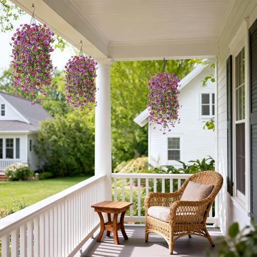 INQCMY Artificial Hanging Flower Baskets for Spring Outdoor Decoration Fake Plants UV Resistant Faux Silk Daisy with Eucalyptus Leaves Realistic Look for Home Porch Patio Yard - color: Purple Red