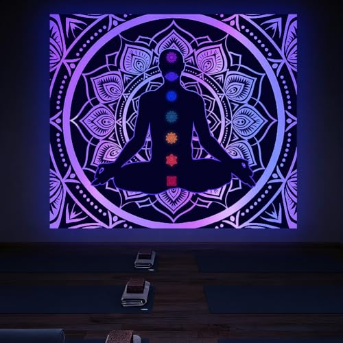 CRAFTYMELODY Meditator Blacklight Tapestry Glow in the Dark Tapestry UV Reactive Mandalas Wall Hanging 59×51 Inch with Hook Self Adhesive Sticker Clip for Bedroom Home Wall Decoration - color: Meditator
