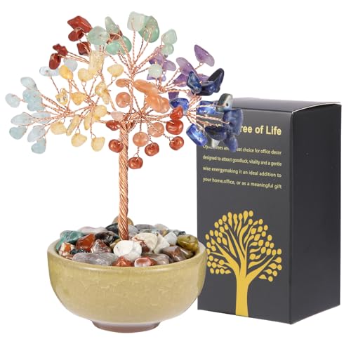 7 Chakra Crystal Tree with Ceramic Base,Natural Gemstone Feng Shui Money Tree for Wealth,Good Luck & Positive Energy,Handmade 5 Inch Healing Abundance Bonsai for Home Office Decor - color: 7 Chakras Vase Tree-2