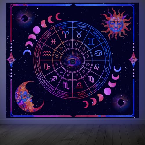 CRAFTYMELODY Constellation Blacklight Tapestry Glow in the Dark Tapestry UV Reactive Sun Moon Eye Wall Hanging 59×51 Inch with Hook Self Adhesive Sticker Clip for Bedroom Home Wall Decoration - color: Constellation