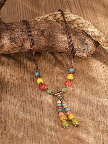 MINACHI Vintage Bohemian Colorful Ceramic Bead Antique Flower Y Necklace, Vintage Boho Hippie Statement Jewelry Gift for Women - color: S03
