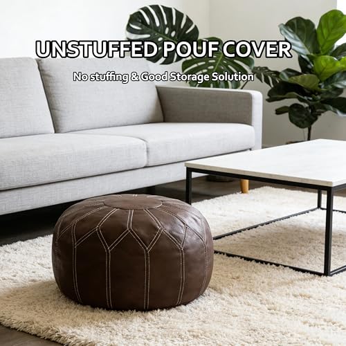 Thgonwid Round Unstuffed Pouf Cover, Faux Leather Storage Ottoman, Boho Moroccan Foot Stool, Multi-Purpose Home Decor for Living Room, Bedroom and Balcony, Deep Coffee, No Filling Included - color: Coffee（no Stuffing）