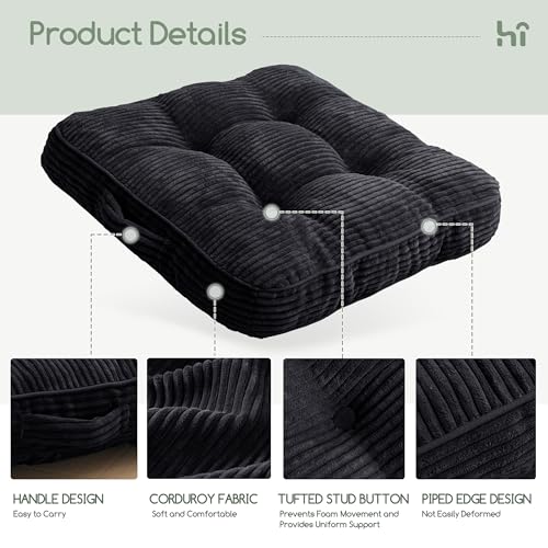 HIGOGOGO Floor Pillow Cushion for Adults, Meditation Cushion Pillow, Large Square Floor Sitting, Tufted Corduroy Cover, for Tatami Living Room or Yoga, 22x22 Inch, 2Pack, Black - color: Square Black, size: 4" Thick(Pack of 2)