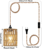 2X Boho Plug in Pendant Light, Hanging Light with Plug in Cord Ceiling Lamp Rattan Cylinder Lamp Shade On-Off Switch Hanging Plant Shelf Shelves Bohemian Decor for Bedroom Living Room Corner