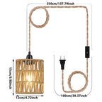 2X Boho Plug in Pendant Light, Hanging Light with Plug in Cord Ceiling Lamp Rattan Cylinder Lamp Shade On-Off Switch Hanging Plant Shelf Shelves Bohemian Decor for Bedroom Living Room Corner