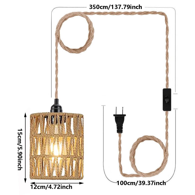 2X Boho Plug in Pendant Light, Hanging Light with Plug in Cord Ceiling Lamp Rattan Cylinder Lamp Shade On-Off Switch Hanging Plant Shelf Shelves Bohemian Decor for Bedroom Living Room Corner