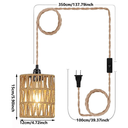 2X Boho Plug in Pendant Light, Hanging Light with Plug in Cord Ceiling Lamp Rattan Cylinder Lamp Shade On-Off Switch Hanging Plant Shelf Shelves Bohemian Decor for Bedroom Living Room Corner