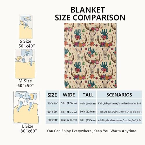 Western Cow Skull Blanket Cactus Boho Throw Blankets,Birthday Gifts for Kids Adult,Lightweight Soft Fleece with Southwestern Style,for Sofa Couch Bed Room Artistic Bohemian Decor 50x60in - color: Western, size: 50x60in