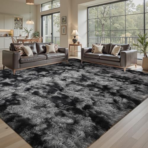 Area Rugs for Living Room 9x12 Black Grey Fluffy Rug,Super Fuzzy Fur Bedroom Carpet for Boys Dorm Office Nursery Modern Home Decor - color: A-tie-dye Darkgrey, size: 9' X 12' (Rectangular)