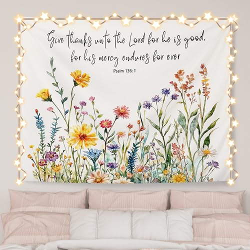 AQYIP Wildflower Christian Tapestry, Psalm 136:1 Bible Verse Tapestry Decorative, Christian Room Decor, Floral Religious Wall Tapestries Blanket Decor for Home Office Church, 50x60 Inch - color: Psalm 136:1