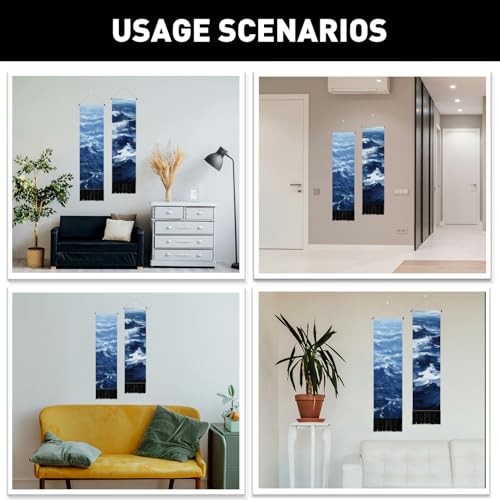 PLIGREAT 2 Pack Ocean Sea Long Tapestry Blue Narrow Vertical Hanging with Tassels Oil Painting Ocean Wall Tapestry for Bedroom Bathroom Living Room Long Walls Hanging Home Art Decor Housewarming Gift - color: Blue and White