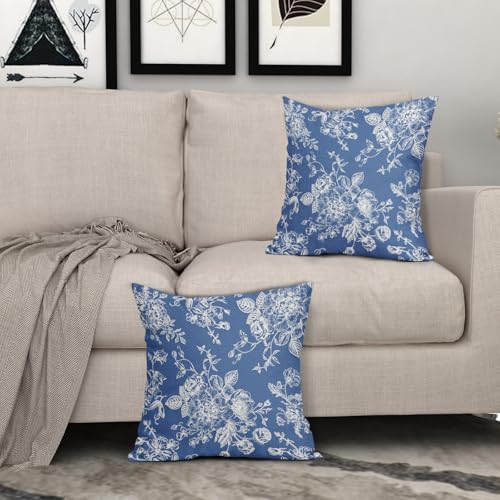Kawani Vintage Floral Pillow Covers 18x18 Inch Set of 2 Blue Floral Outdoor Decorative Throw Pillows Chinoiserie Flower Pillowcases Rustic Farmhouse Cushion Covers for Couch Home Decor - color: Blue Floral, size: 18" x 18" (Pack of 2)
