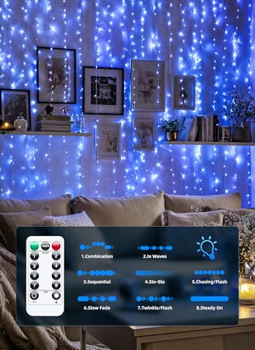 Brightown 300 LED Blue Fairy Curtain Lights, 9.8ft x 9.8ft String Lights, USB Plug in 8 Lighting Modes Christmas String Hanging Lights with Remote for Bedroom Indoor Outdoor Party Xmas Blue 1 Pack - color: Blue, size: 1 Pack-300 LED-USB Plug