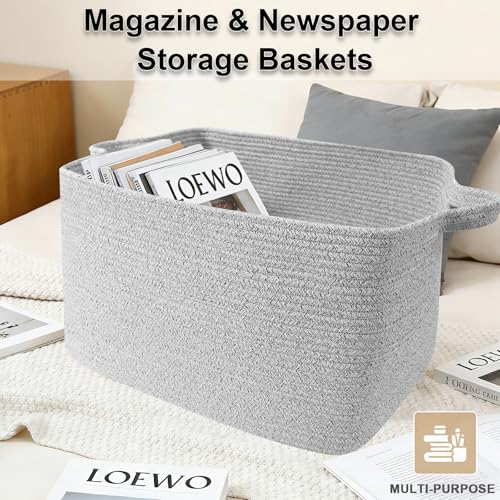 96L Large Blanket Basket,24"x16"x15"Rectangle Storage Bin with Handles,Woven Rope Laundry Basket for Toys, Clothes,Magazines,Home Organization,Nursery,Living Room & Bedroom,Grey - color: Grey, size: 24"x16"x15"(96L)