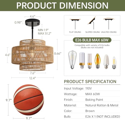 12.4” Boho Rattan Pendant Light Fixture for Dining Room, 1-Light Black Chandelier Farmhouse Rustic Hanging Lamp for Kitchen Island, Bedroom, Living Room, Entryway, Foyer, Hallway - color: Brown+Black Hardware, size: 12.4" 1-Light