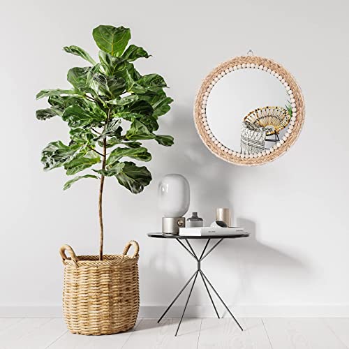 15 Inch Boho Round Hanging Wall Mirror Decorative Rattan Circle Mirrors for Farmhouse, Living Room, Bedroom - color: 15 Inch Wood
