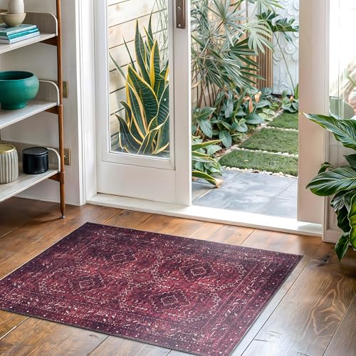 Bloom Rugs Washable Non-Slip 2' x 3' Rug - Dark Red Traditional Bordered Area Rug for Living Room, Bedroom, Dining Room, and Kitchen - Exact Size: 2' x 3' - color: Dark Red, size: 2' x 3' (Rectangular)